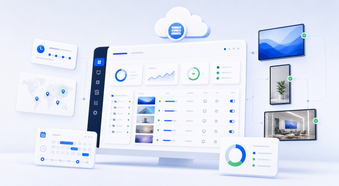 Cloud dashboard managing signage schedules, locations, status, and analytics across screens