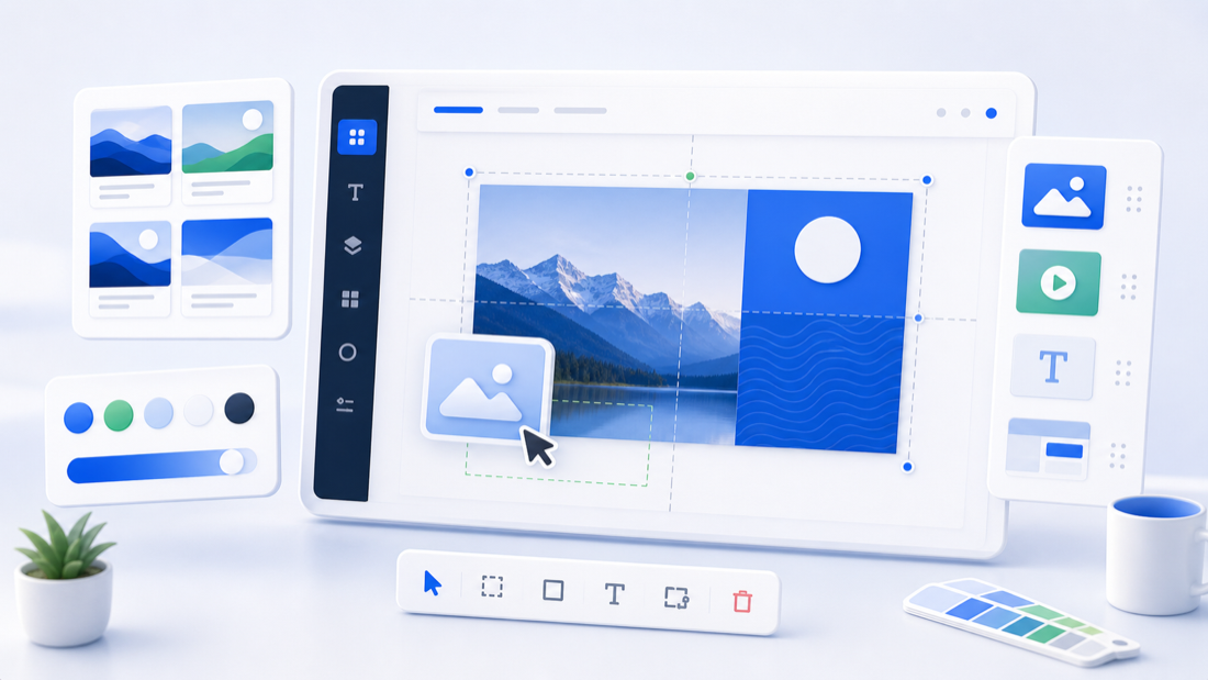 Signage canvas editor with templates, media blocks, color swatches, and snap guides