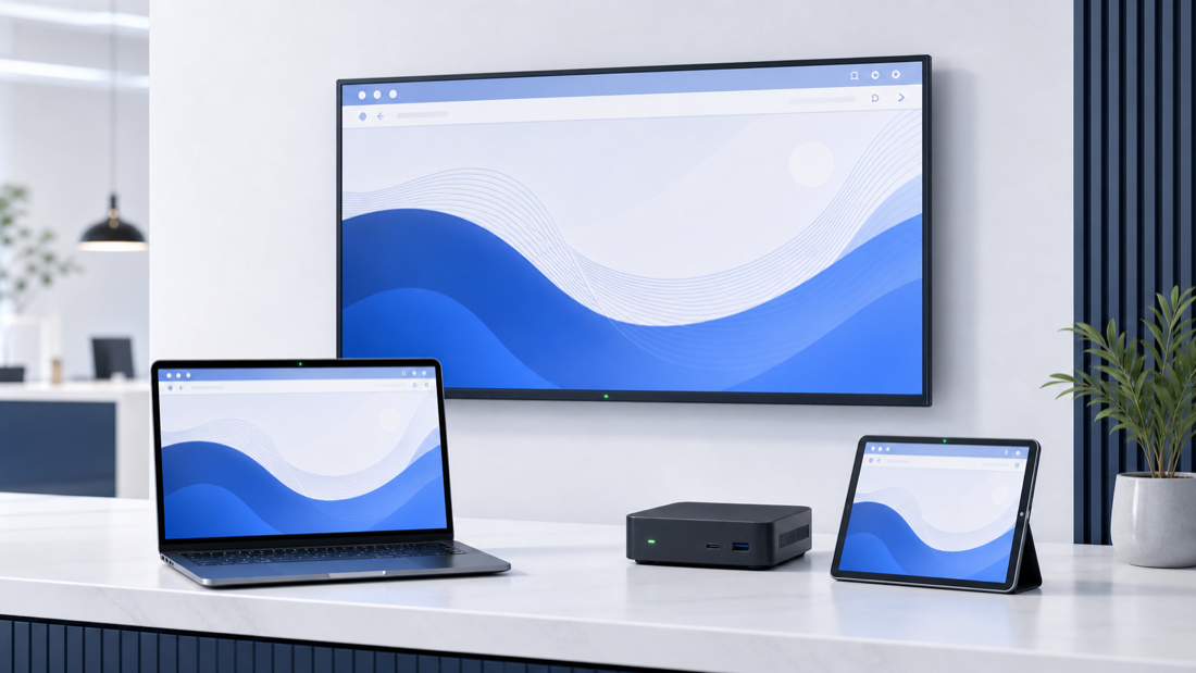 Multiple everyday business screens running the same browser-based signage player