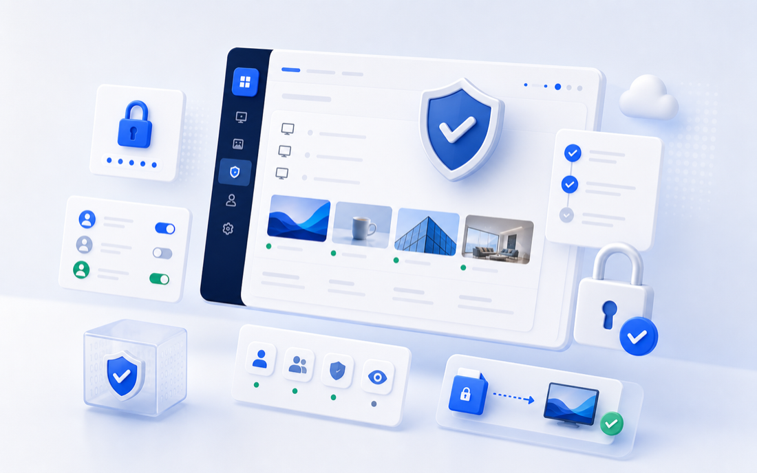 Secure signage dashboard with access controls, audit status, and encrypted screen publishing