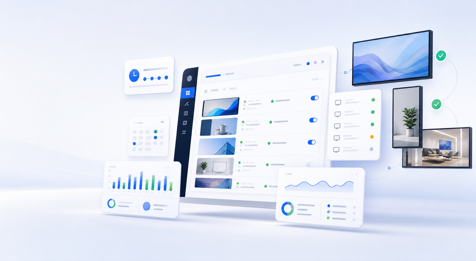 Zigns dashboard managing schedules, playlists, analytics, and screen status across multiple displays