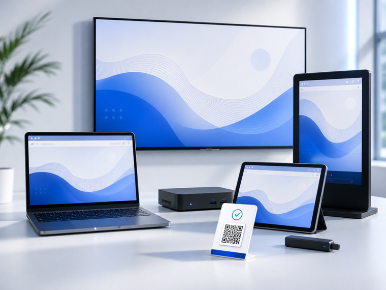 Multiple business screens running the same signage preview from a browser-based player