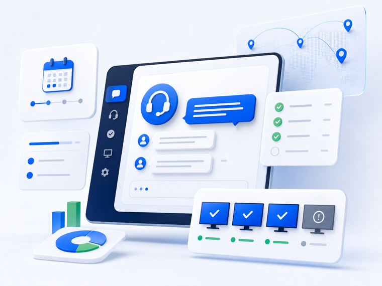 Support console with rollout checklist, chat, and screen health indicators