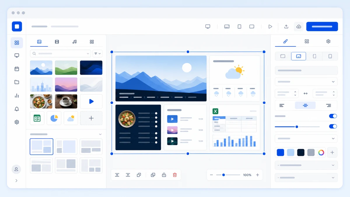Zigns-style content builder with media tiles, widgets, and a selected signage canvas