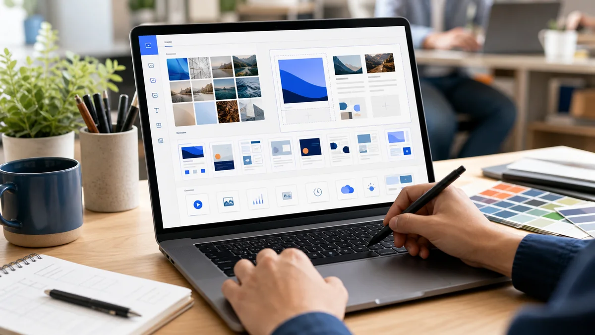 Laptop showing a digital signage content builder with templates and media tiles