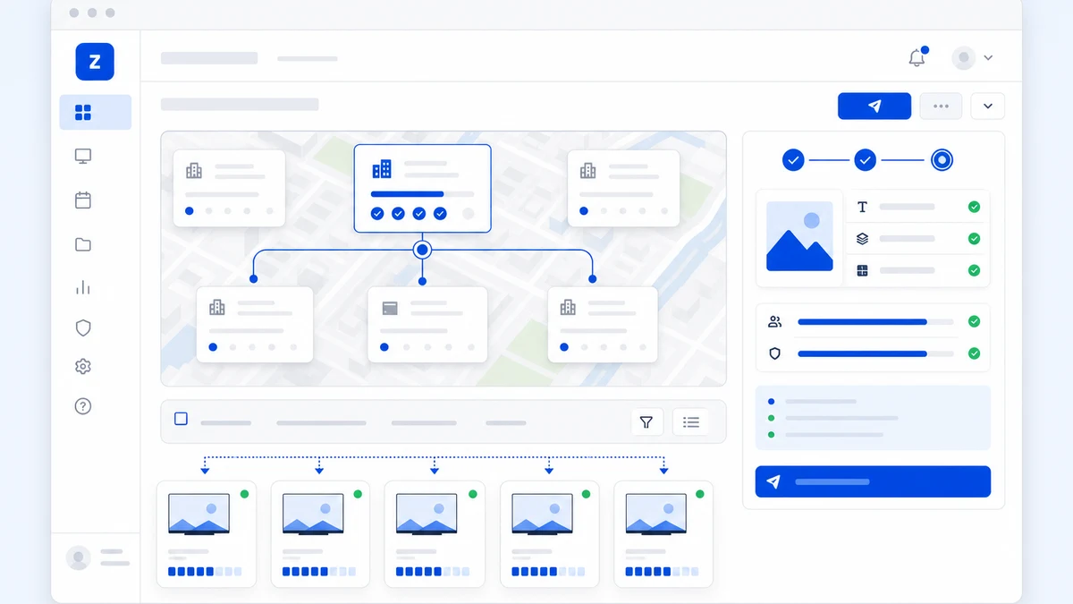Zigns-style publishing dashboard assigning content to zones and live screens
