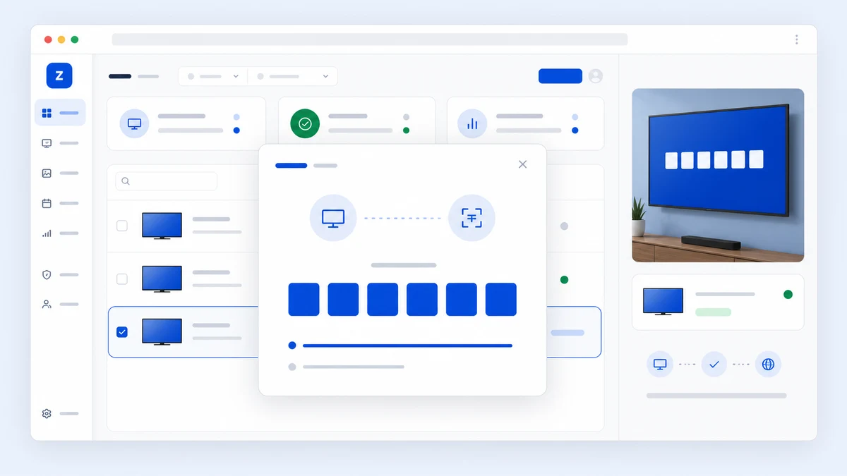 Zigns-style pairing dashboard with a device code and online screen status