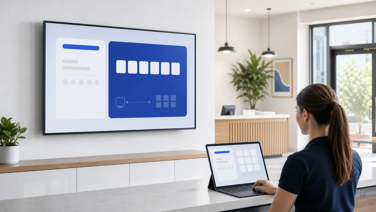 Digital signage display showing a pairing workflow in a modern lobby